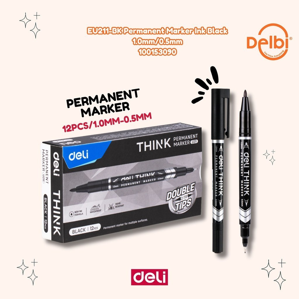 

Spidol Deli Think Permanent 2 Sisi 0.5mm & 1.0mm - U211 EU211-BK Permanent Marker Ink Black 1.0mm/0.5mm