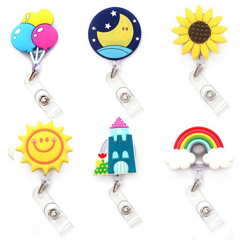 

New Cute Rainbow Sun & Balloon Silicon Retractable Pull Badge Reel ID Lanyard Name Tag Card Badge Holder Reels For Gift