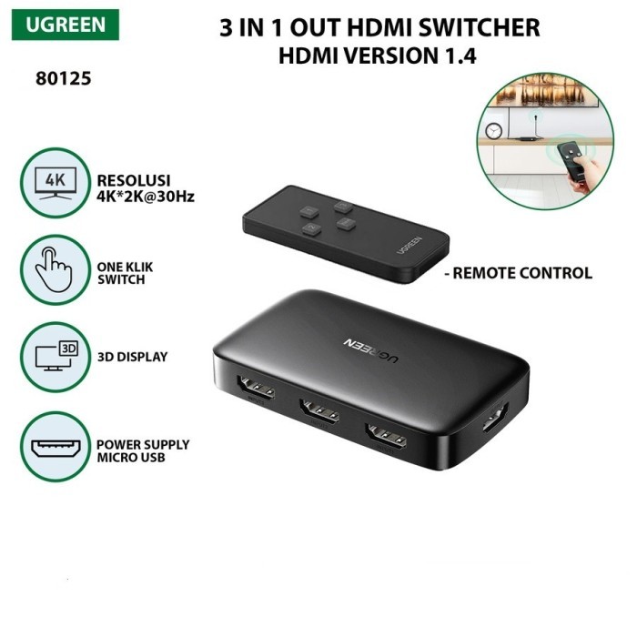 Switcher HDMI UGreen 3 In 1 Out HDMI 4K (80125)