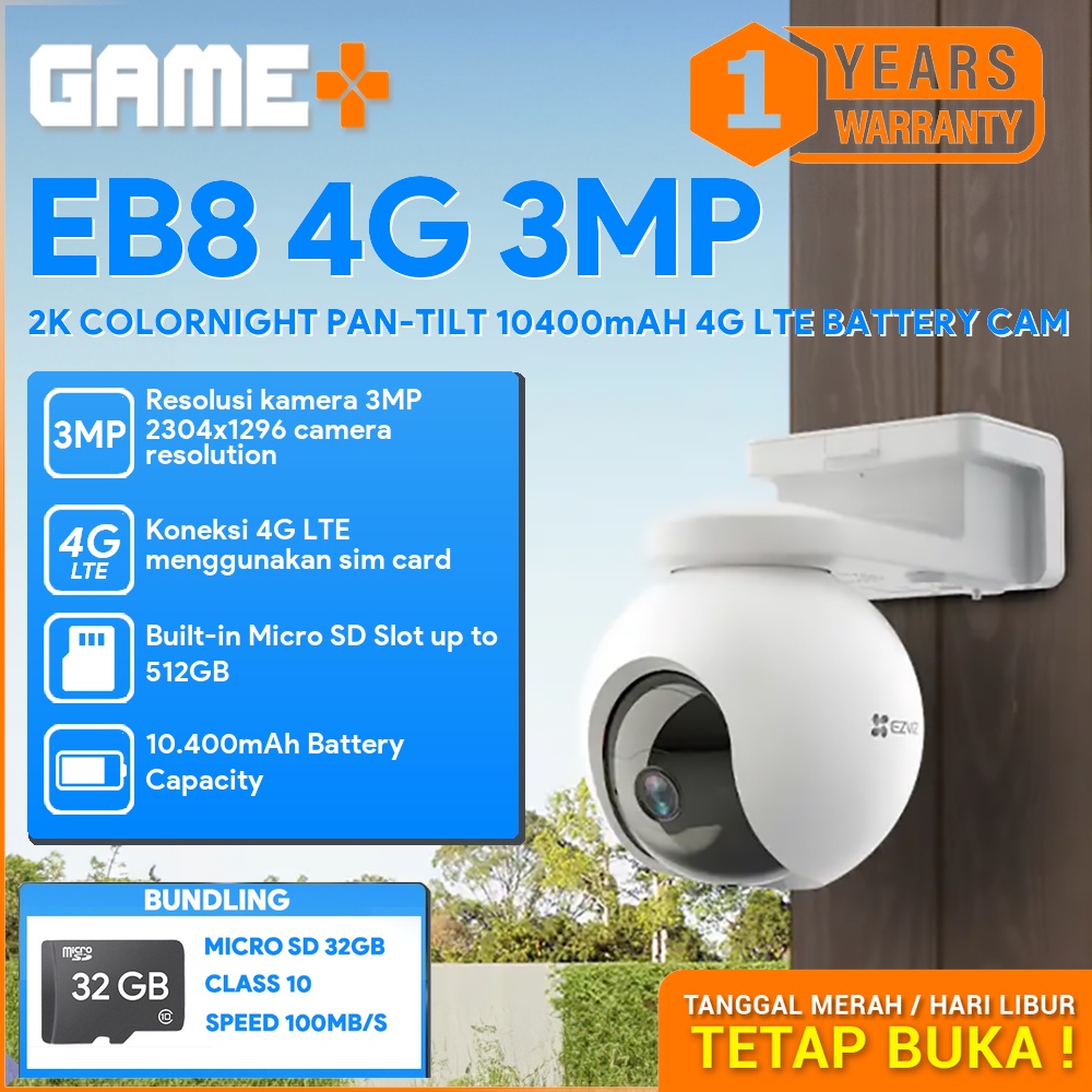 EZVIZ EB8 4G 3MP 2K COLORNIGHT PAN-TILT 10400MAH 4G LTE BATTERY CAM FREE MICRO SD 32GB