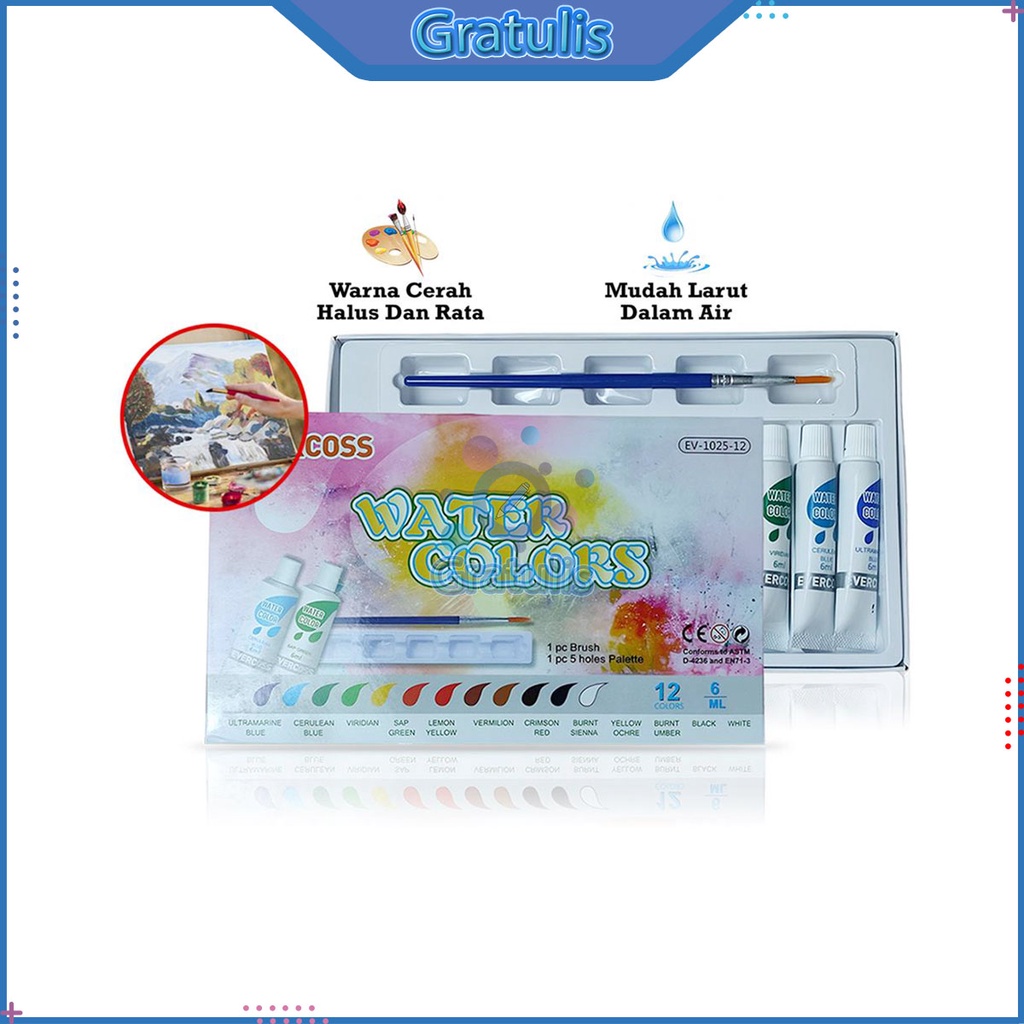 

WATER COLORS PAINT EVERCOSS EV-1025-12 [12 WARNA] / CAT LUKIS KUAS GAMBAR ISI 6 ML / CAT AIR BONUS KUAS / WATER COLOUR
