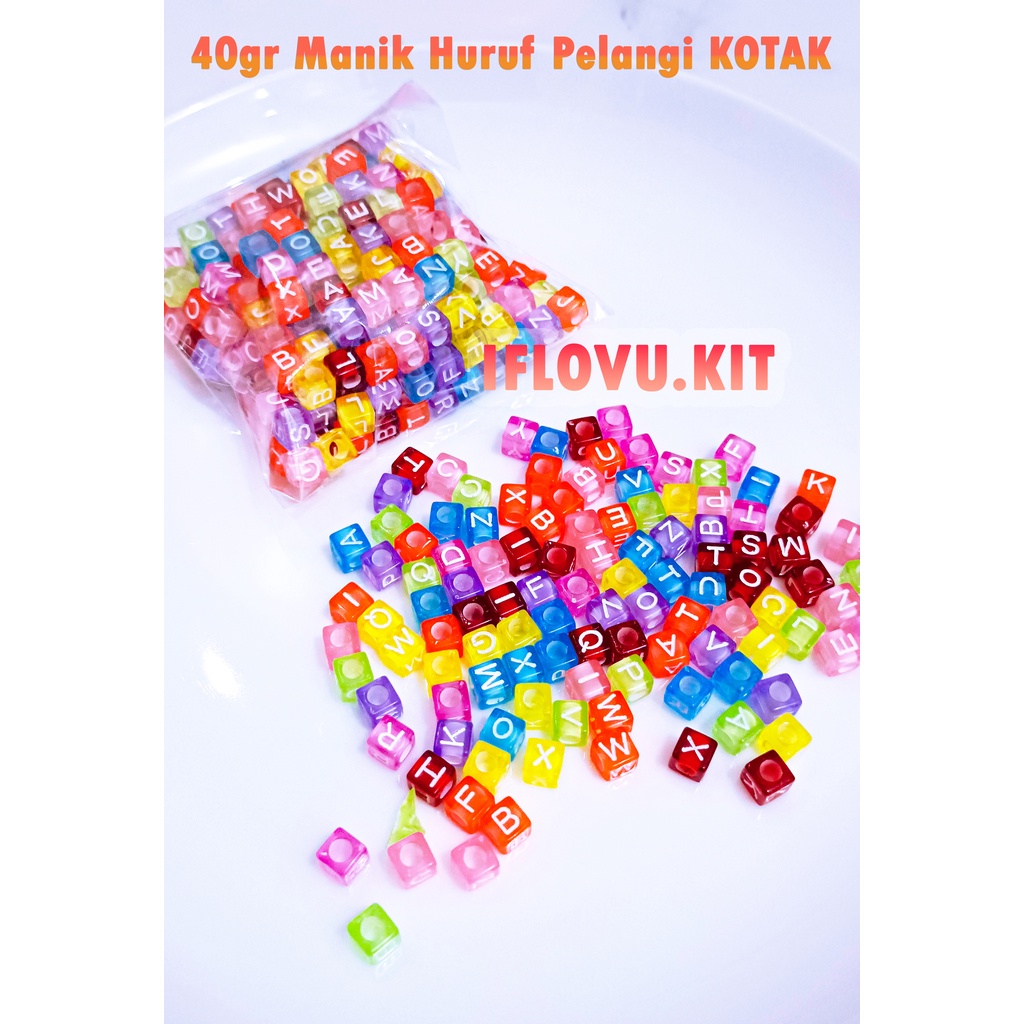 Manik Manik Huruf Kotak Pelangi A-Z Manik Gelang Insial Huruf
