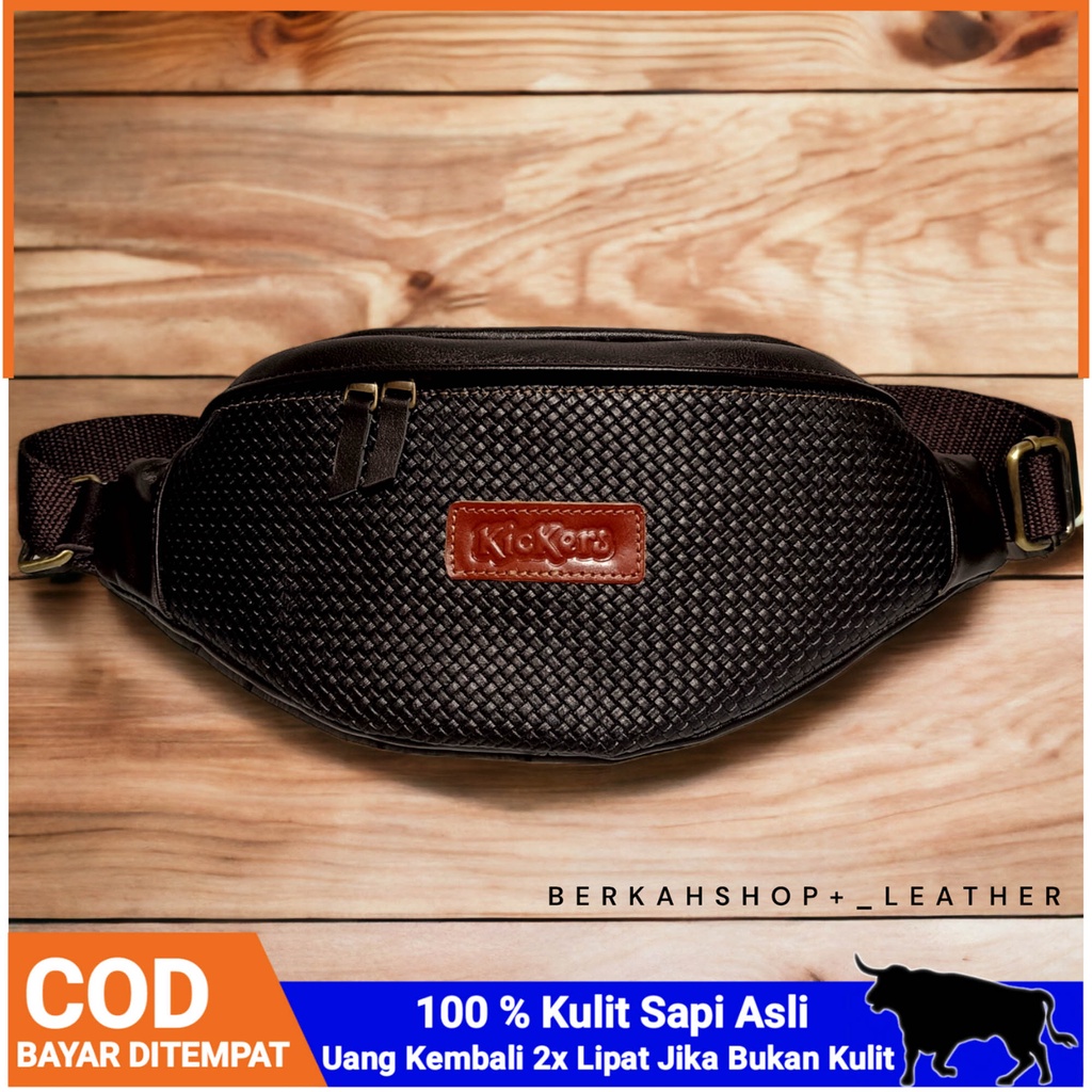 Tas Selempang Waistbag Pinggang Kulit Pria 100% Kulit Sapi Asli Anti Air Anti Panas Murah Simple Pol