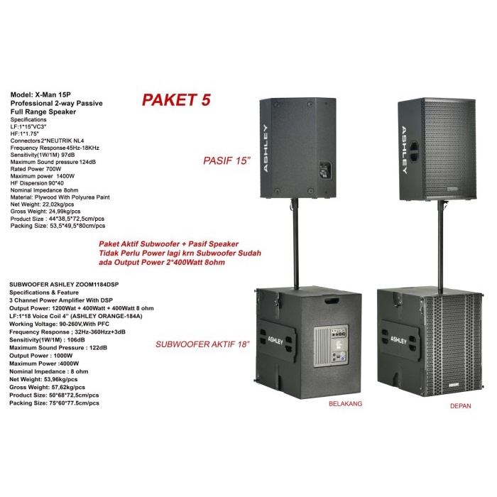 Paket subwoofer aktif ASHLEY 18 & 1 unit speaker pasif ashley 15 inch