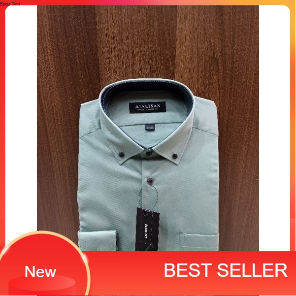 Alisan Kemeja Formal Pria Sage Green Motif Dobby Kombinasi Krah Kancing Lengan Panjang & Pendek Slim
