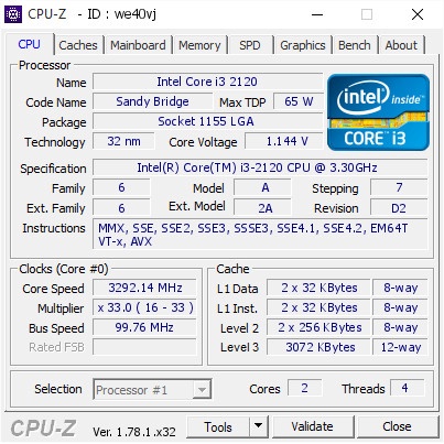 Processor Intel Core I3 2120 3.30GHZ TRAY LGA 1155 / I3 2120 / 2120