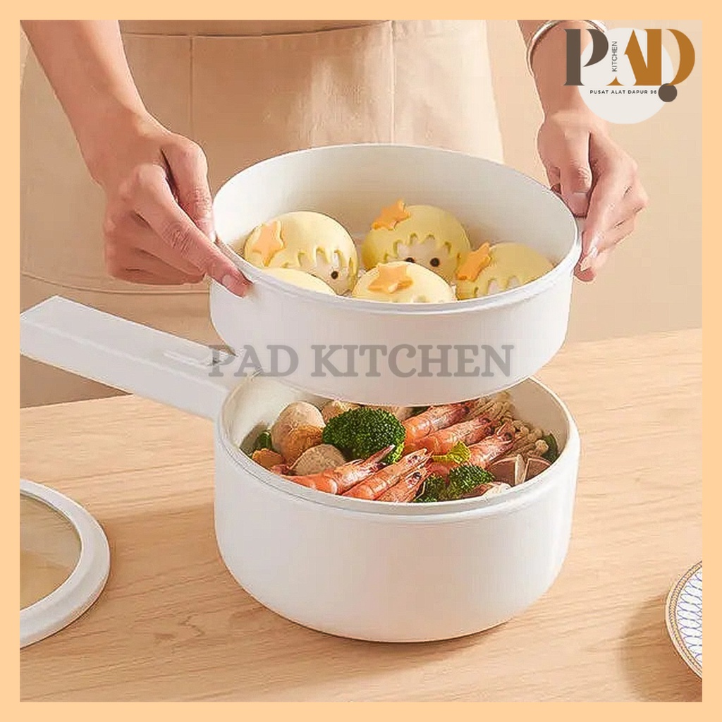 PANCI LISTRIK KERAMIK PUTIH PANCI MASAK DAN KUKUS ELEKTRIK MULTIFUNGSI ANTI LENGKET MEMASAK POT PORT