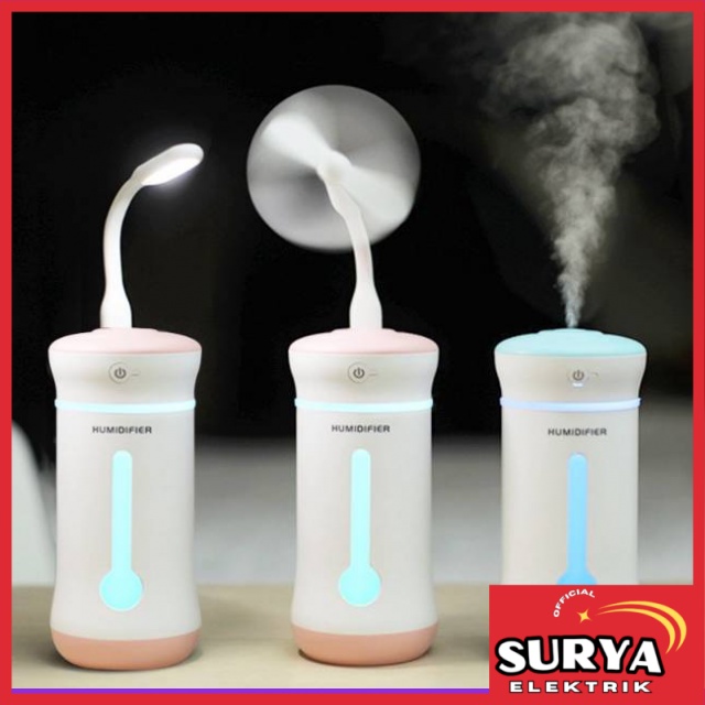 Air Humidifier Mini TAFFWARE 3 in 1 Lampu LED Kipas Angin USB Portable