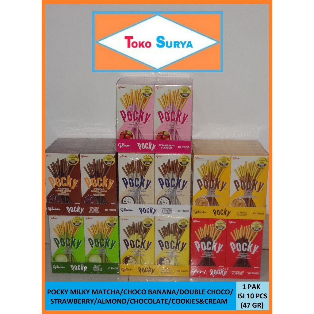 

Glico Pocky Besar 1 Pak 10 Pcs Cokelat/Strawberry/Cookies&Cream/Double Chocolate/Almond/Milky Matcha/Choco Banana 47 Gr