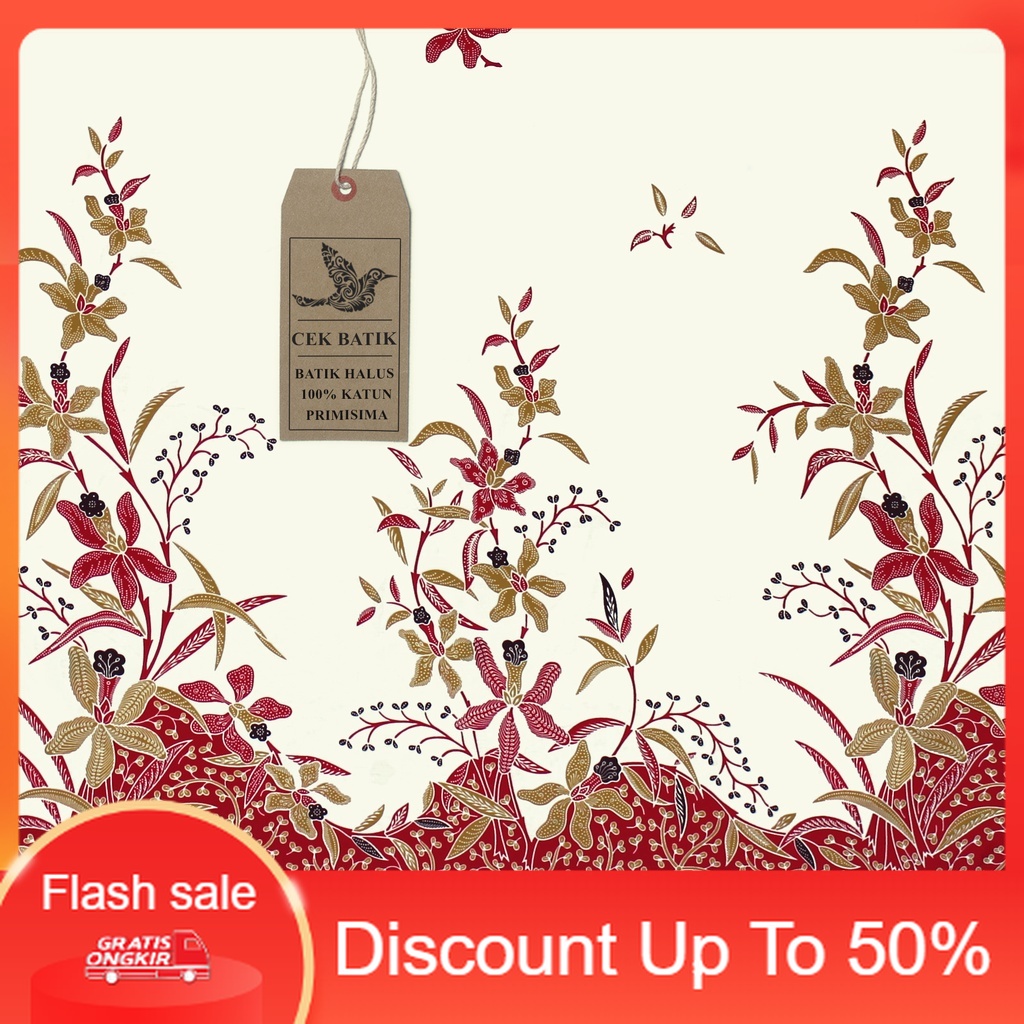 PROMO kain batik - Motif Bunga Warna Dasar Putih Gading (Kuning Kecolatan & Merah)