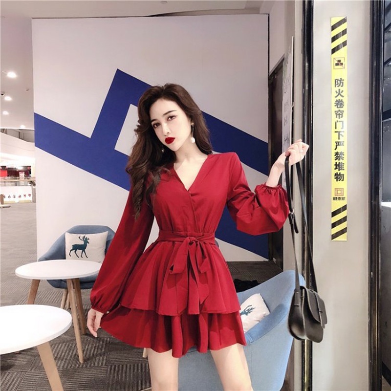Yoohui LK003 Casual Dress Wanita  Gaya Korea Lengan Panjang Warna Hitam dan Merah Mini Dress Scuba S