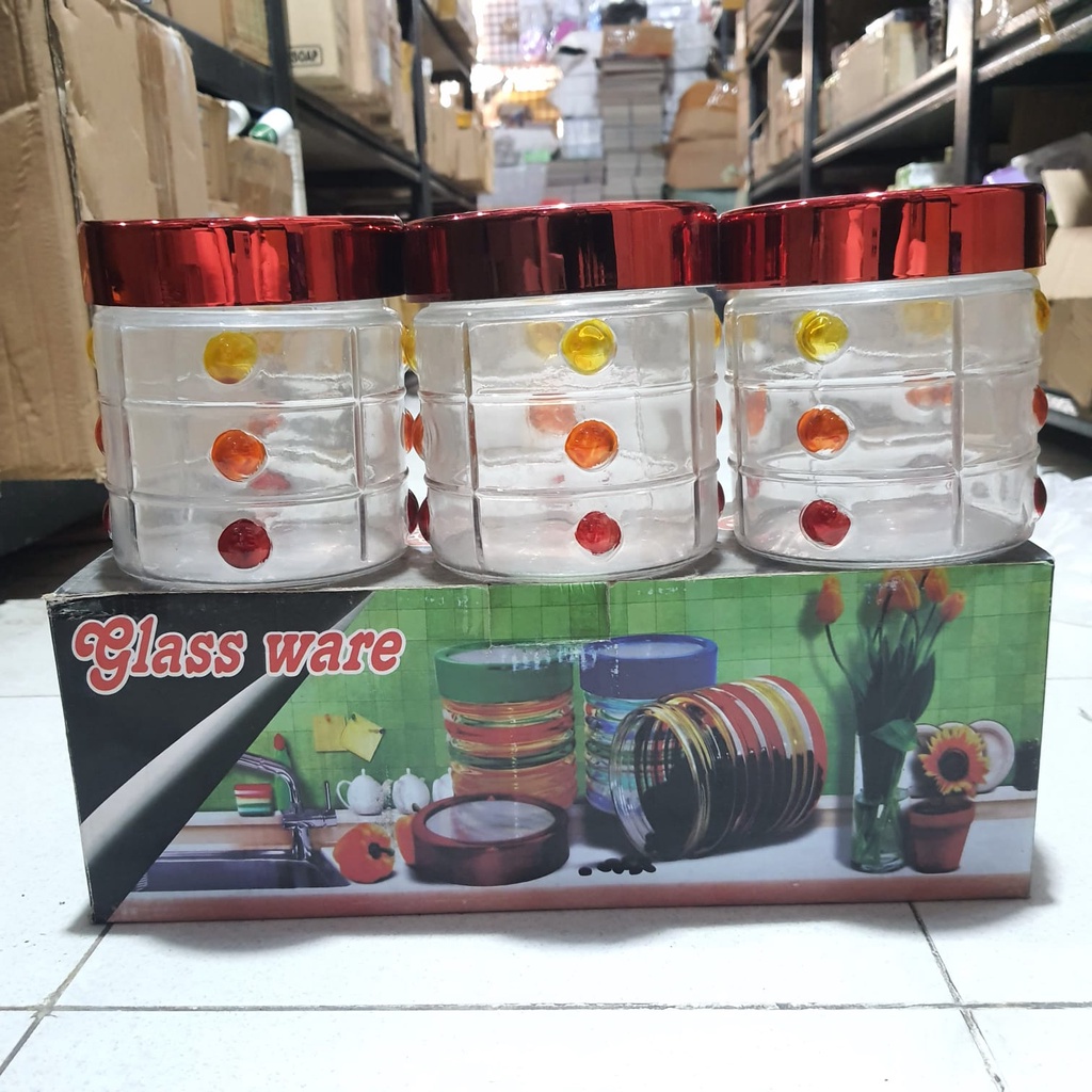 DREAMLAND GLASS WARE JAR TOPLES KACA LEBARAN ISI 3 PCS  TOPLES TEMPAT SNACK  FOOD STORAGE