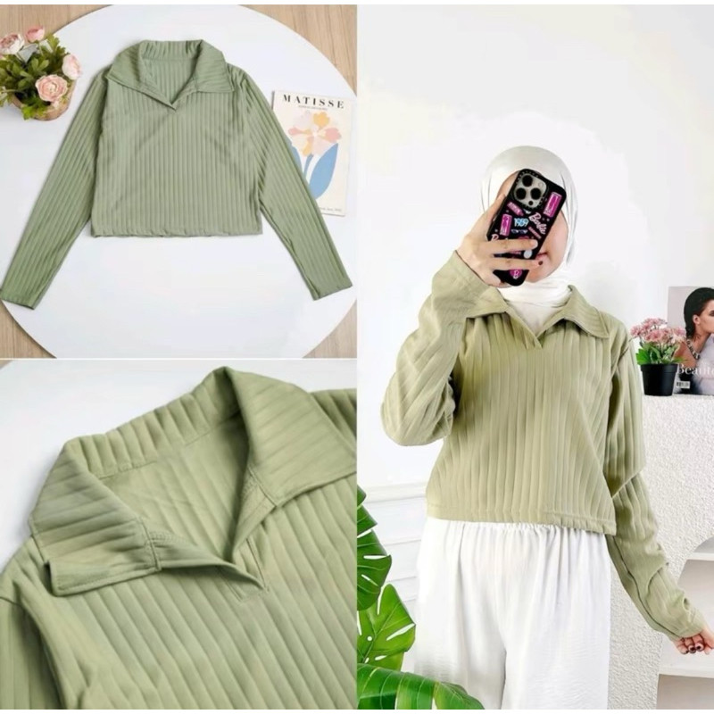 Kaos Polo Crop Lengan Panjang Wanita / Atasan Crop Wanita Lengan Panjang Knit