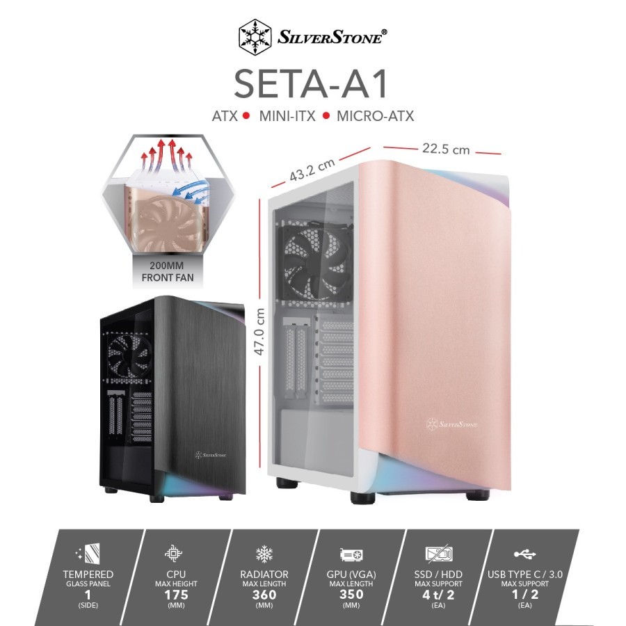 CASE SILVERSTONE SETA A1 ATX | Temper | 2 Fan 20cm | Rose Gold / Black