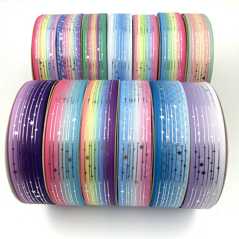 

50yards 25MM Silver Foil Stars Stripes Gradient Rainbow Grosgrain Ribbon Welcome Custom Printed