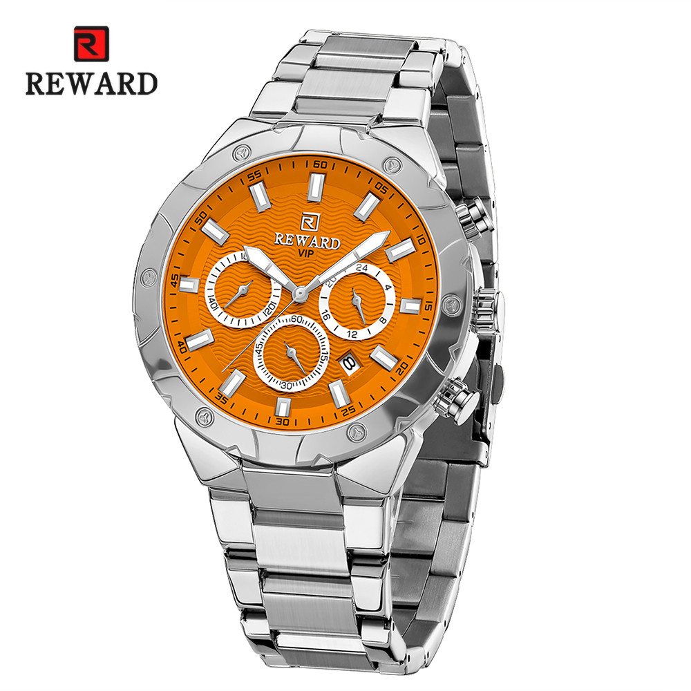 REWARD Mens Watch Quartz Waterproof Luminous Date Stainless Steel Wrist Watches Luxury Casual Watch 
