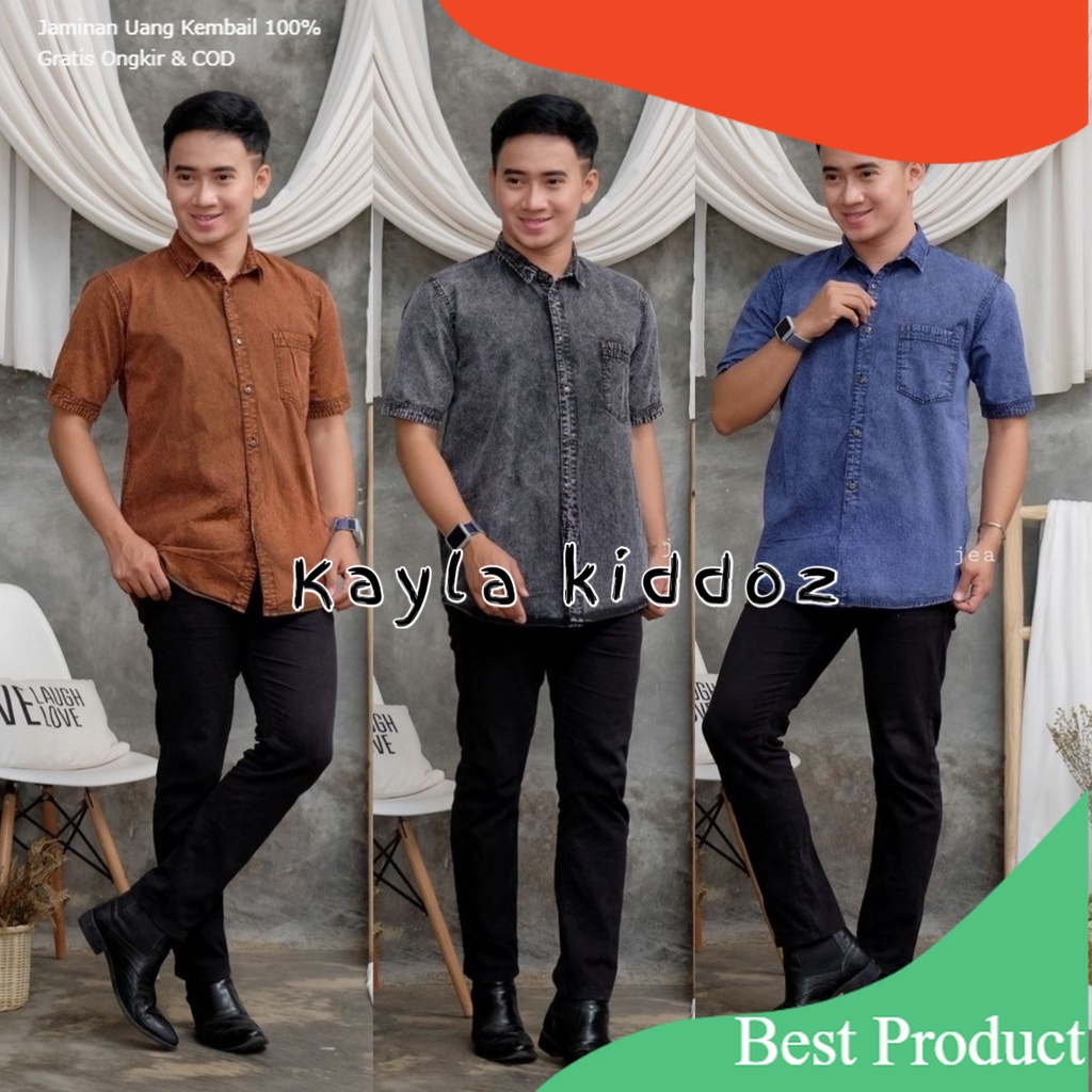 Kayla kiddoz Kemeja Pria Lengan Pendek Hem Motif Jeans Denim Levis Baju Distro Casual Murah DION KEM