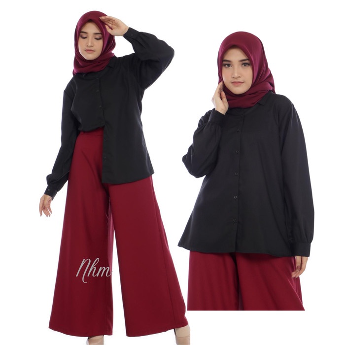 Kemeja Wanita Peggy Tangan Balon Panjang Polos Toyobo - Hitam