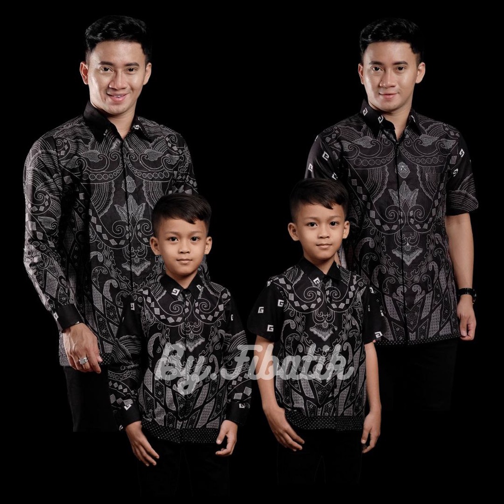 Kemeja Batik Pria Lengan Panjang Couple Batik Ayah Anak Laki-laki Usia 2-13 Tahun Warna Hitam Motif 