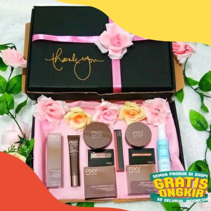 PIXY PAKET BOX HAMPERS BLACK PINK / PIXY MAKE IT GLOW + AQUA SPRAY/ DEWY CUSHION / SESERAHAN / PRIME