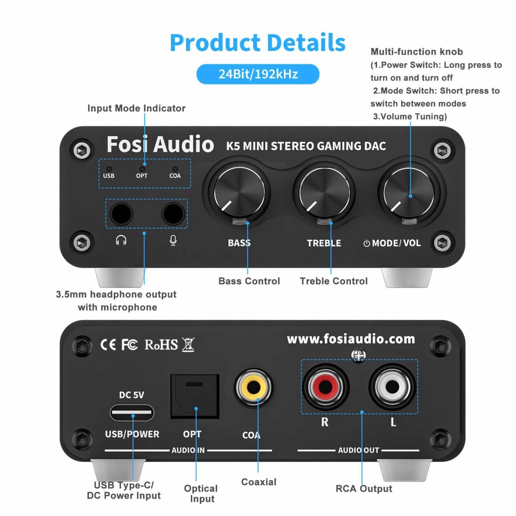 ICN - Fosi Audio Amplifier Mini Headphone Stereo Gaming DAC HiFi Microphone - K5