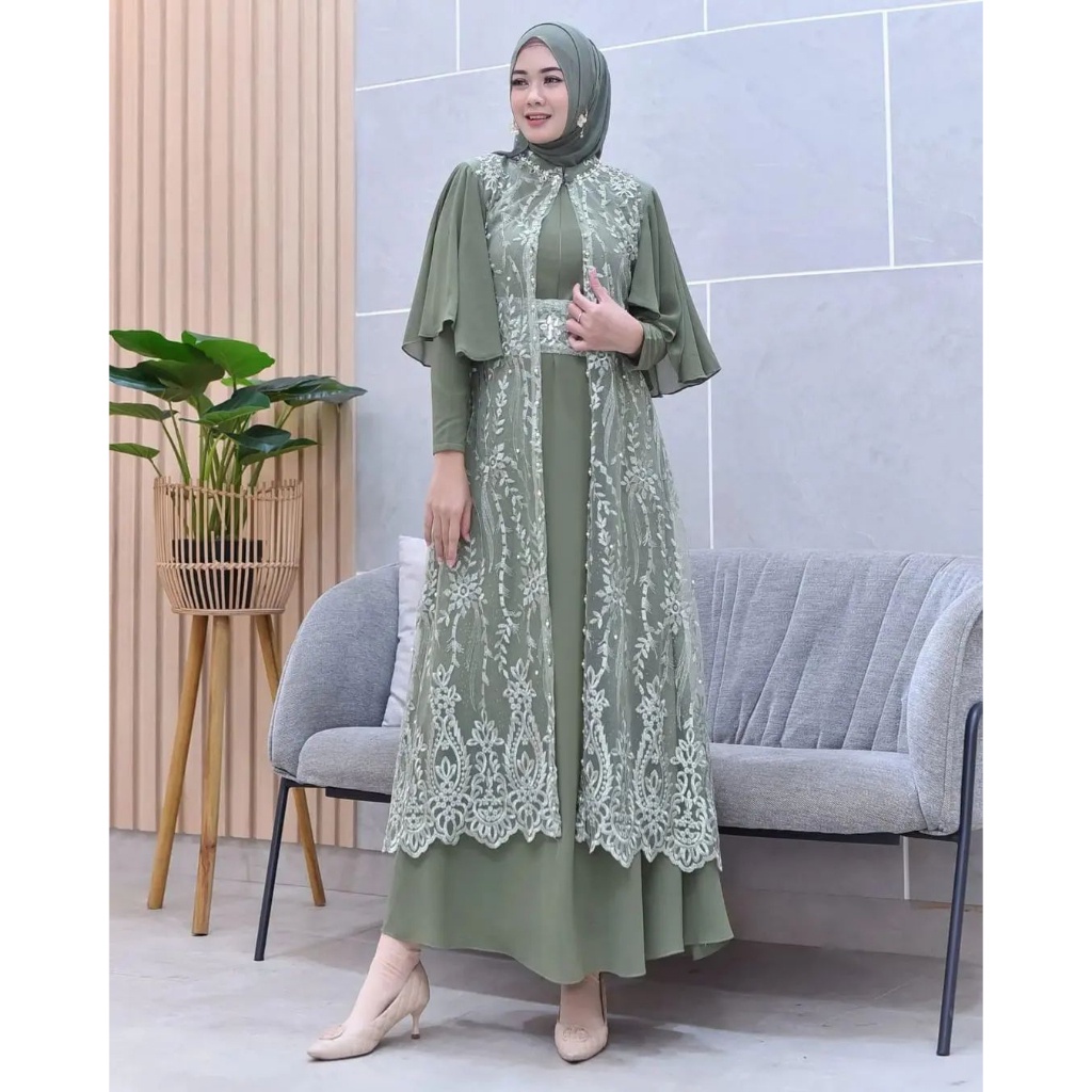 Dress Outer Brukat Pesta Terbaru 2023 Green Sage Gamis Clarisa By Ghina  Set Inner + Outer Free Belt