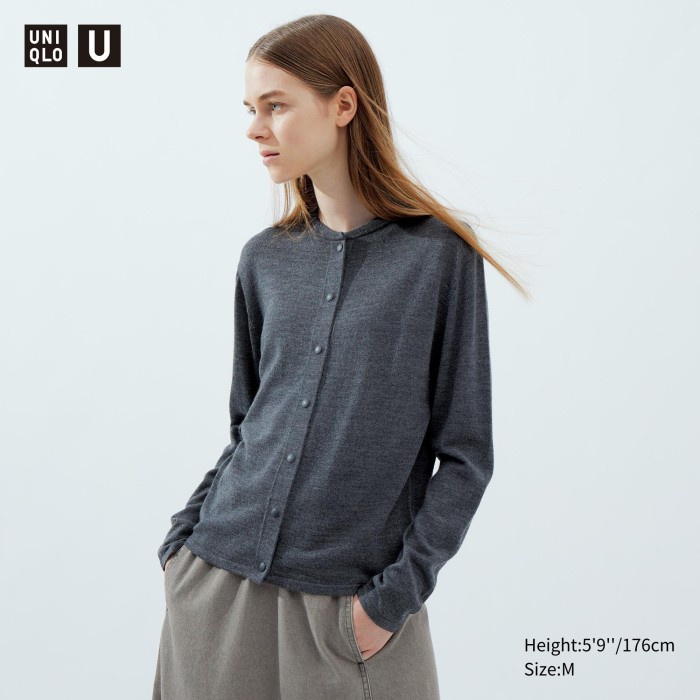 UNIQLO Kardigan Merino Blend Kerah Bulat 462703 Wanita S - 08 DARK GRAY