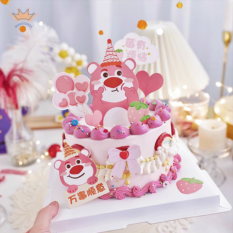 Topper Lucu Strawberry Bear Cake Plugin Strawberry Love-Heart Heart Plugin Dekorasi Kue Kreatif MK