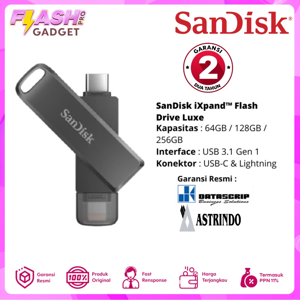 Flashdisk Sandisk Ixpand Luxe OTG Iphone Lightning to USB Type-C 16GB 32GB 64GB 128GB Flash Disk Garansi 2 Tahun
