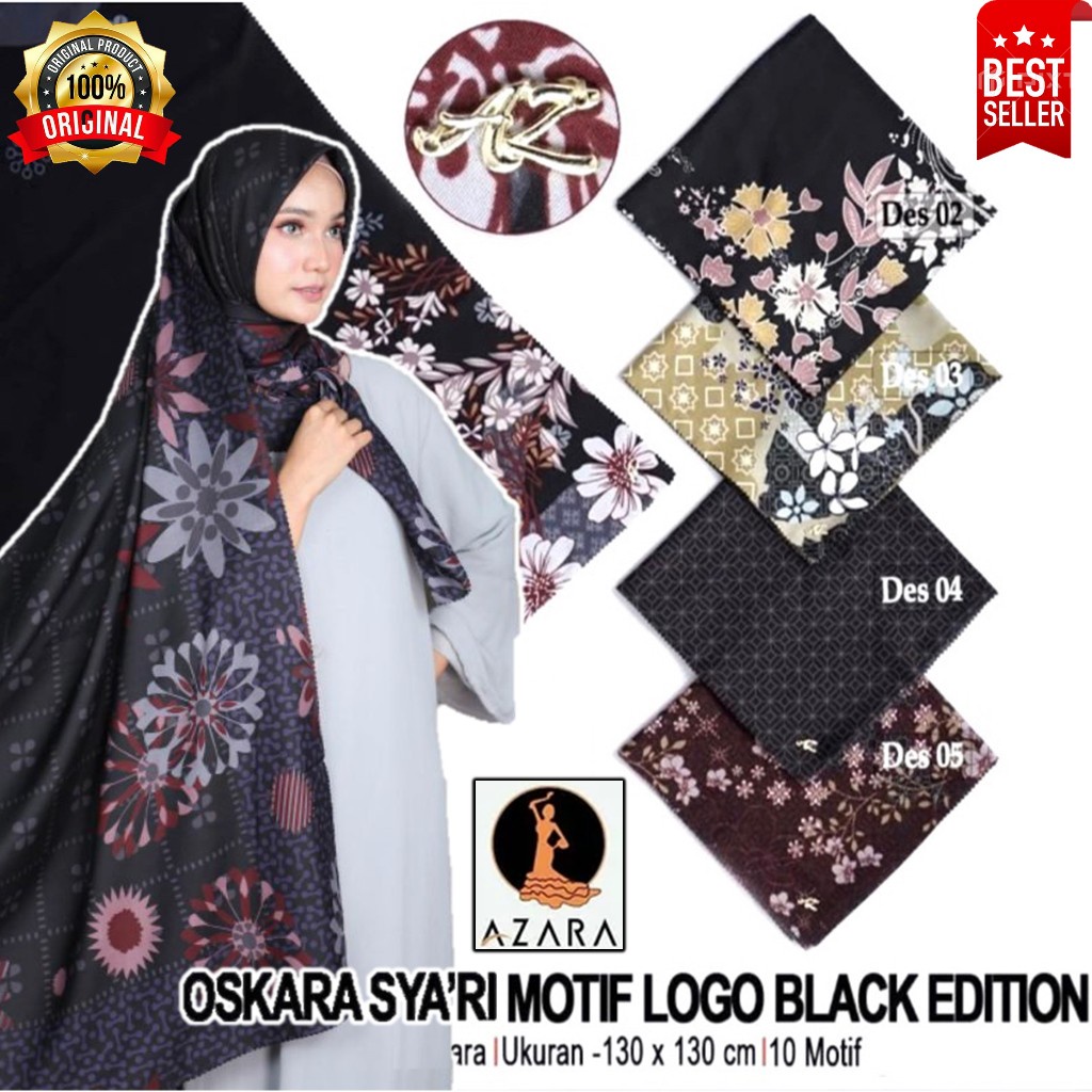 Azara Syari Black Edition Motif Jumbo Segi Empat Oskara Syar'i Hitam 130x130