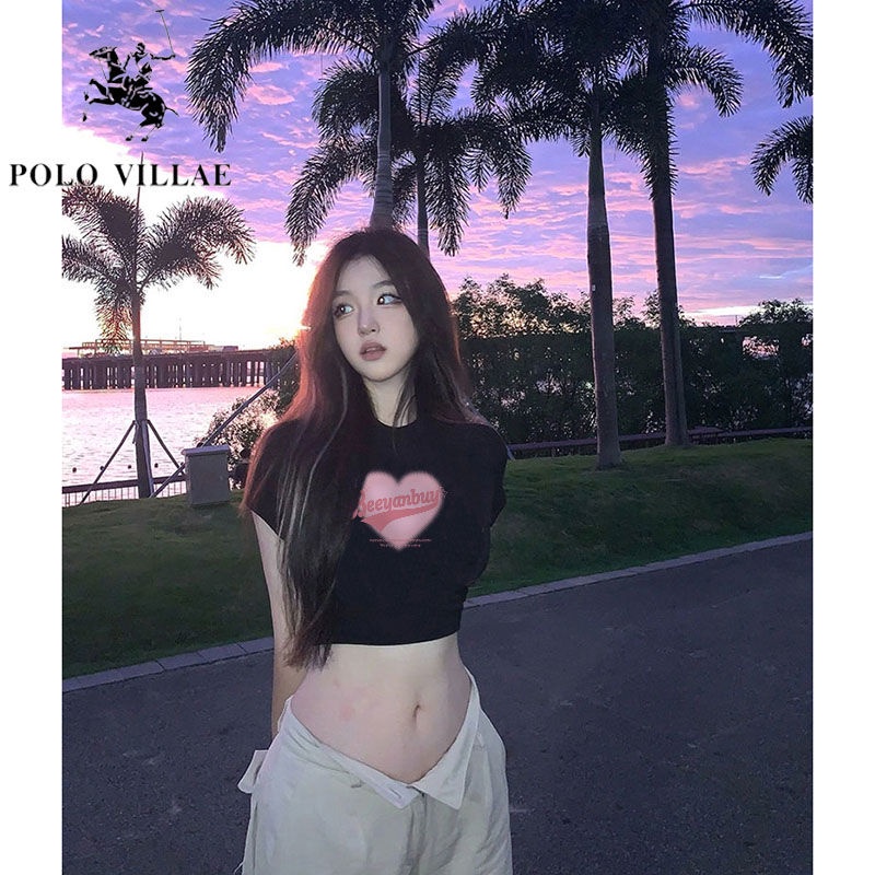 Polovillae 100% Pure Cotton Short T-shirt Women's Summer Hyuna Style Off the waist Slimming Dopamine