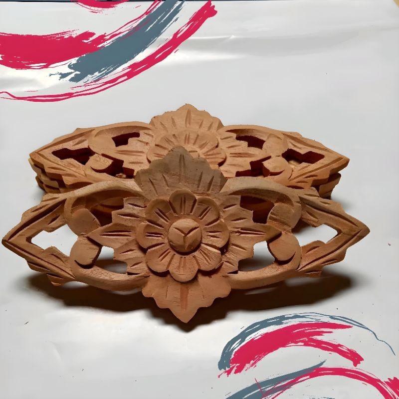 Ornamen Ukir Tempel Jepara Motif Mawar Untuk Hiasan Lemari Pintu Tembok Ukuran 20 X 9 Cm Kayu Mahoni