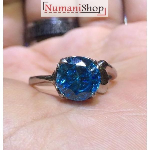 Cincin Titanium Wanita Batu Permata London Blue Topaz Cutting Round HQ