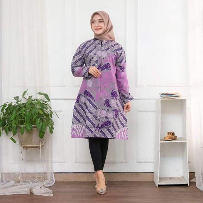 Baju Batik Wanita Tunik Modern Terbaru Warna Ungu Lunak #07