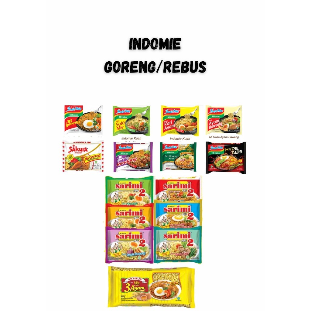 

Indomie Goreng / Rebus | Sarimi | Mie Sakura | Mie Telur 3 Ayam Satuan PALING MURAHH!!