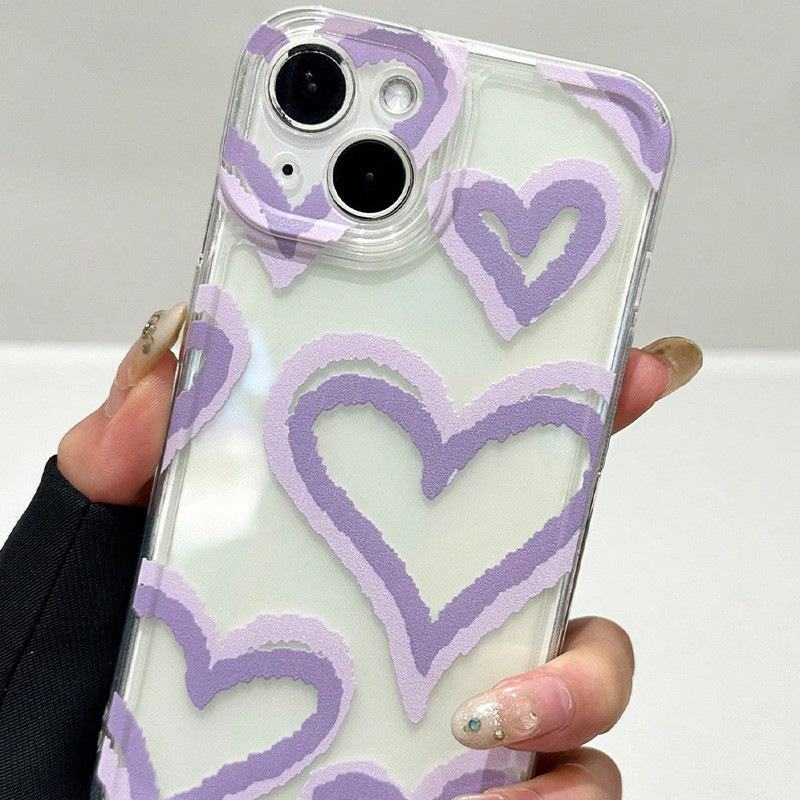 Case Crystal Transparan Cantik Motif Love Ungu Aesthetic Untuk iPhone 7/8/Plus 11/12/13/14/15 x/xs/x