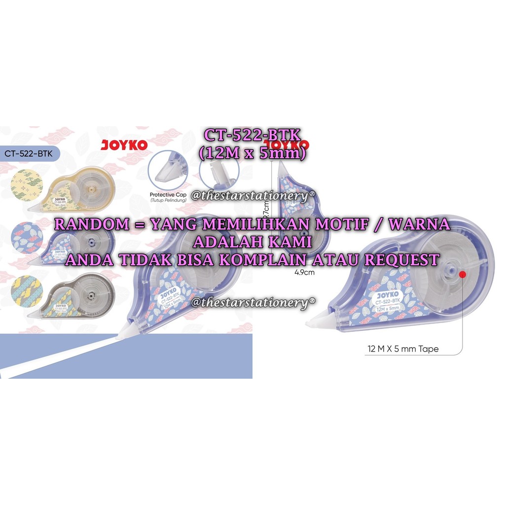 

(1 Biji) GROSIR Correction Tape Joyko CT-522-BTK (12 M x 5 mm) / Pita Koreksi Joyko CT-522-BTK Batik