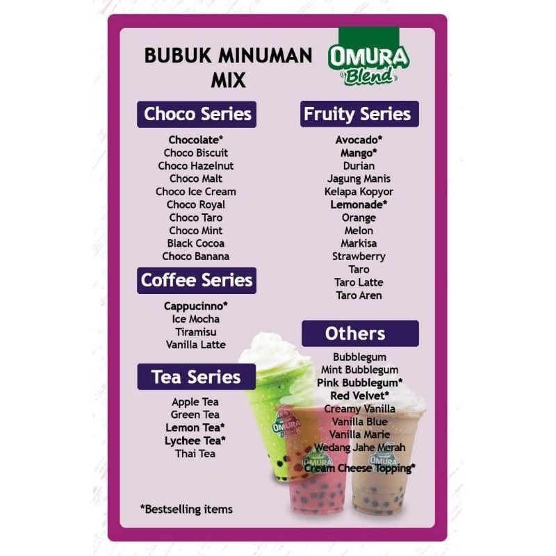 

Bubuk Minuman Premium Aneka Rasa 500 Gr (Mix Gula) Merk Omura Blend - serbuk minum ready pekanbaru