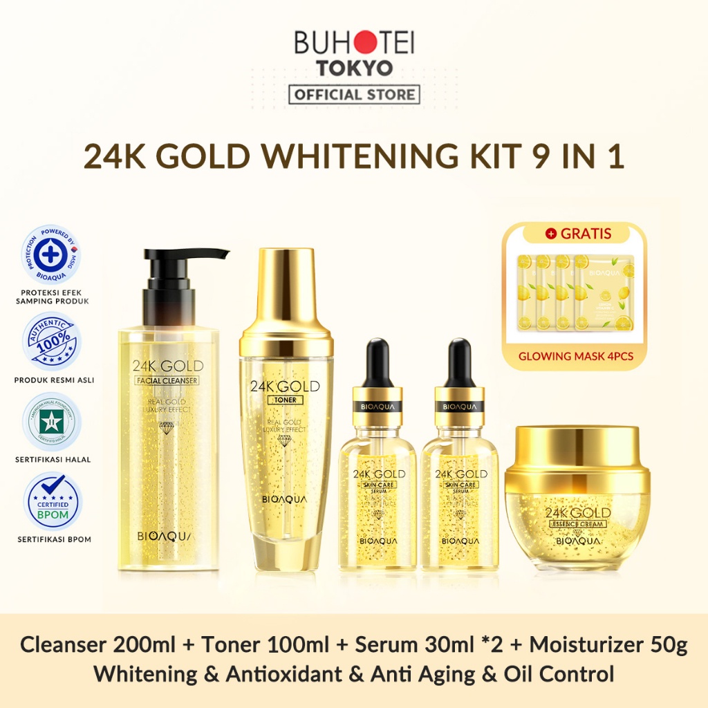 BUHOTEI Bioaqua 24K Gold Skin Care Whitening Kit(Serum, Moisturizer, Sheet Mask, Toner, Facial Clean