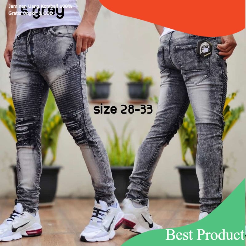 Celana Pria Jeans Bikers Hitam Polos Sobek Ripped/ Silver