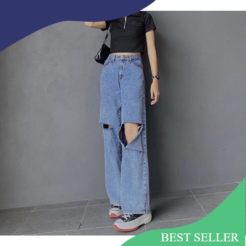 HIGHWAIST KULOT JEANS WANITA LOOSE RIPPED SOBEK/ Pink Grey