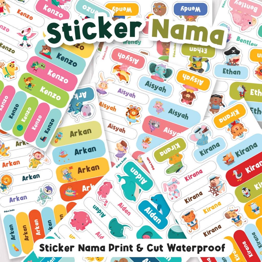 

Label Nama Waterproof all in one, Stiker Nama tumbler, kotak pensil, Print and Cut custom nama