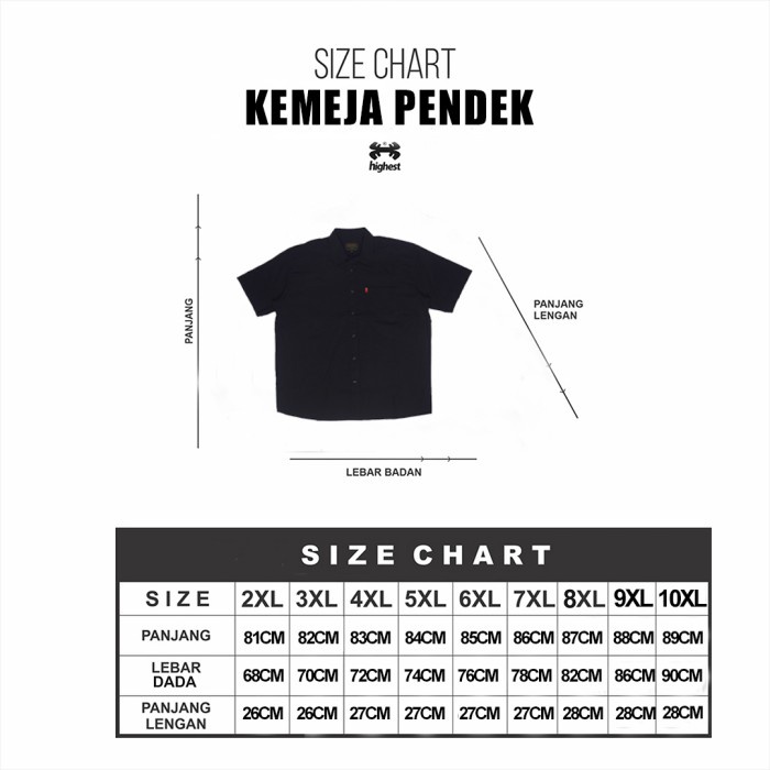 HIGHEST Kemeja Pendek Formal Hitam Polos Casual Ukuran Big Size Jumbo 2XL 3XL 4XL 5XL 6XL 7XL HKP86