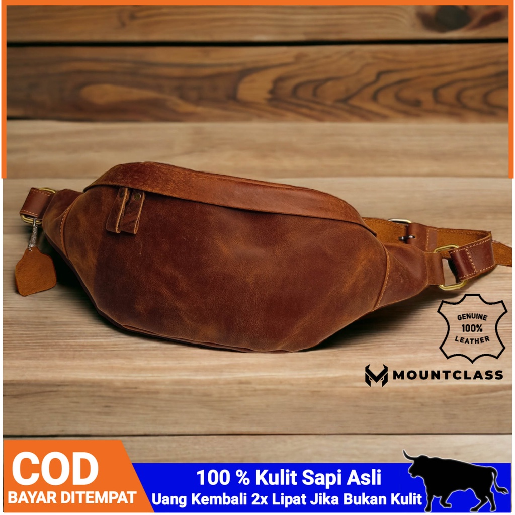 (Mountclass) Tas Pinggang Selempang Waistbag Pria Kulit Asli Slempang Waist Bag Multifungsi Kulit As