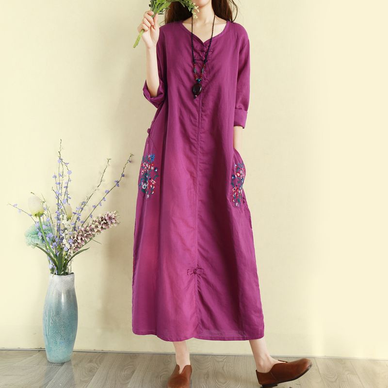 STH Ethnic style cotton linen embroidery dress, autumn long, knee length, buckle style, long skirt,