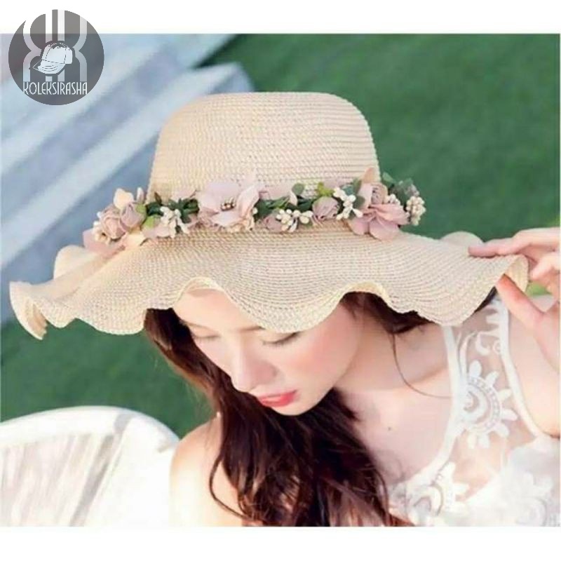 Topi Pantai Gelombang Import Pita Bunga Tali Kecil Topi Fashion Wanita