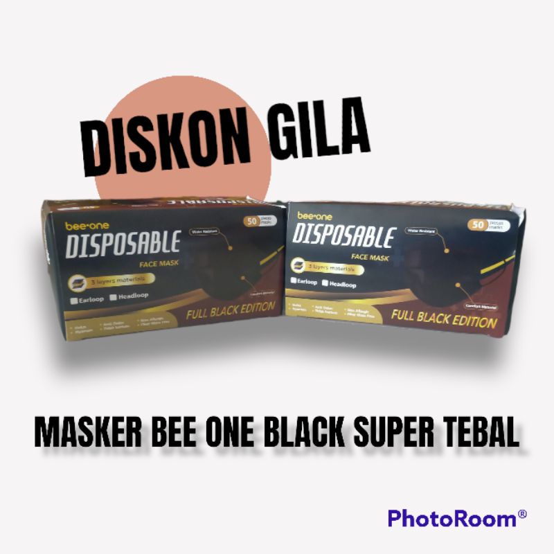 Masker hitam full black edition 3ply disposible earloop isi 50pcs super tebal original non hijab vio
