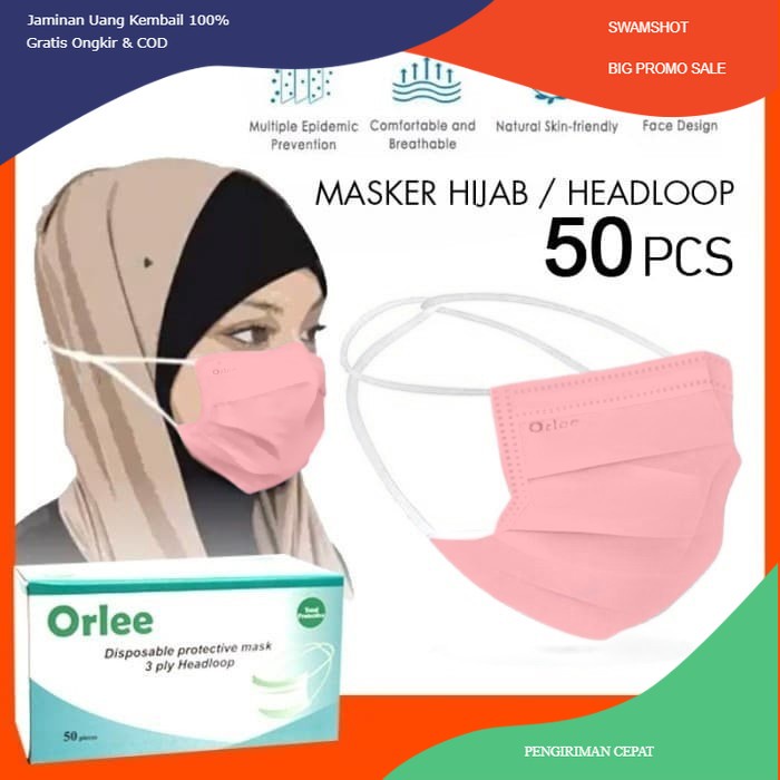 Masker 3 Ply 3ply Headloop Hijab Orlee Original kemenkes Pink isi 50