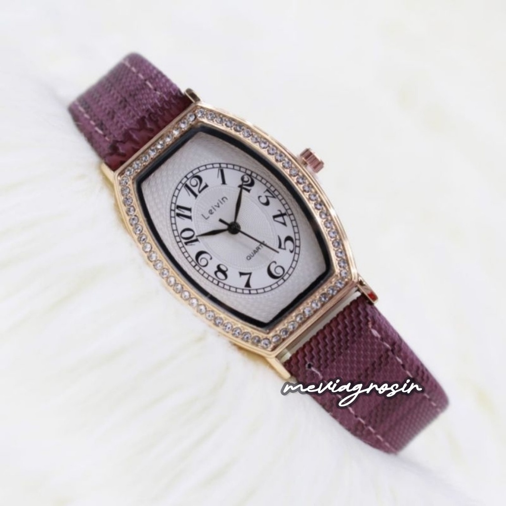 Jam Tangan Wanita Analog LEIVIN Fashion Watch Original LV-3426 Leather Strap Gemstone Oval Case Mode