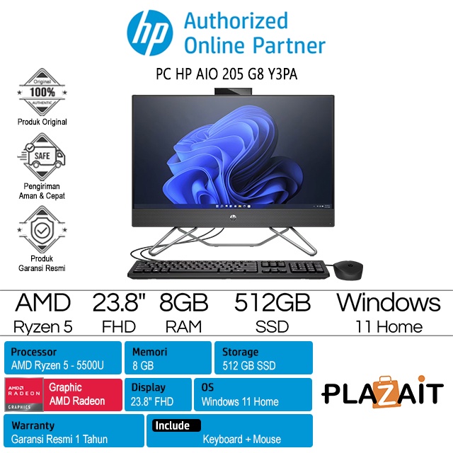 PC HP AIO 205 G8 Y3PA /AMD Ryzen 5-5500U/8GB/512GB SSD/AMD Radeon Graphics/23.8" FHD/Windows 11 Home